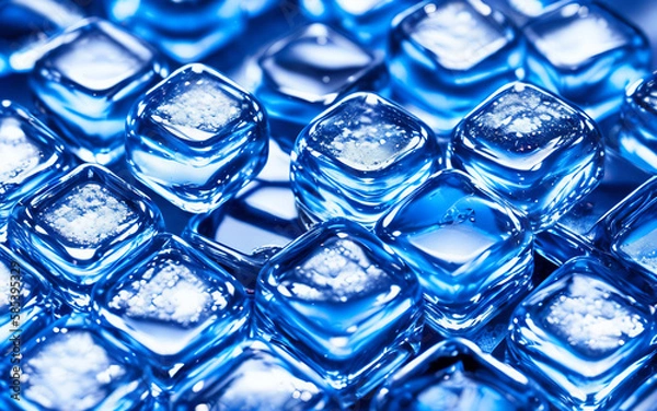 Fototapeta Ice cubes that have been colored blue. The ice cubes are transparent, which allows you to see their structure and texture  Generative AI.