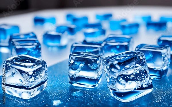 Fototapeta Ice cubes that have been colored blue. The ice cubes are transparent, which allows you to see their structure and texture  Generative AI.