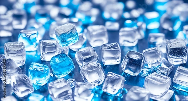 Fototapeta Ice cubes that have been colored blue. The ice cubes are transparent, which allows you to see their structure and texture  Generative AI.