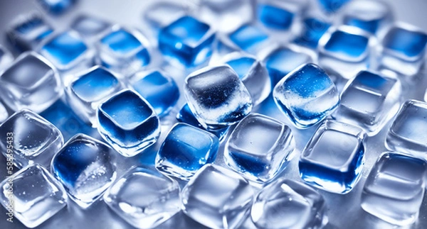 Fototapeta Ice cubes that have been colored blue. The ice cubes are transparent, which allows you to see their structure and texture  Generative AI.