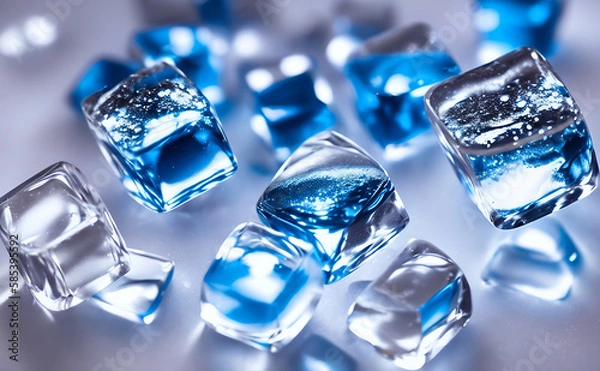 Fototapeta Ice cubes that have been colored blue. The ice cubes are transparent, which allows you to see their structure and texture  Generative AI.
