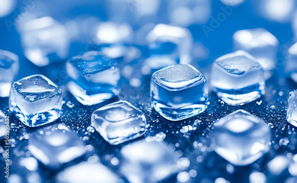 Fototapeta Ice cubes that have been colored blue. The ice cubes are transparent, which allows you to see their structure and texture  Generative AI.
