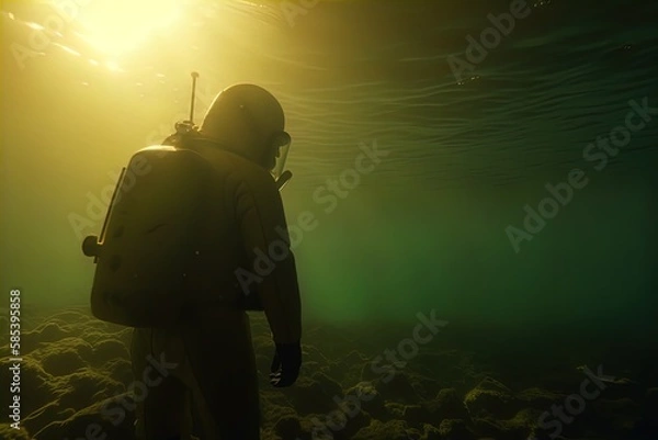 Obraz Deep sea diver. Underwater scene. Scuba. Pressure suit. 