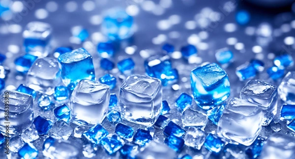 Fototapeta Ice cubes that have been colored blue. The ice cubes are transparent, which allows you to see their structure and texture  Generative AI.