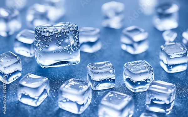 Fototapeta Ice cubes that have been colored blue. The ice cubes are transparent, which allows you to see their structure and texture  Generative AI.