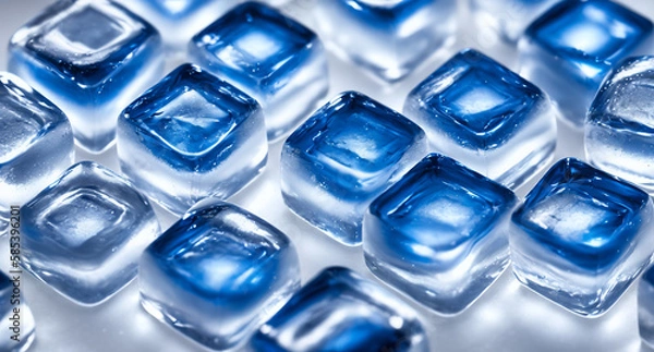Fototapeta Ice cubes that have been colored blue. The ice cubes are transparent, which allows you to see their structure and texture  Generative AI.