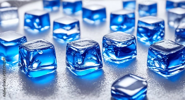 Fototapeta Ice cubes that have been colored blue. The ice cubes are transparent, which allows you to see their structure and texture  Generative AI.