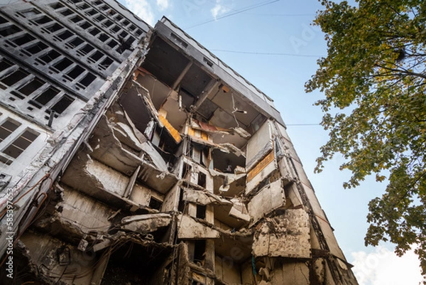 Obraz Destroyed and burned multi-apartment residential buildings after rocket attack. Residential area Saltivka in Kharkiv city, Ukraine. Russian War against Ukraine