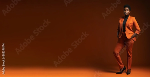 Fototapeta Women in a business suit standing on orange background with copy space for text. Black history month, ultra wide banner Generative ai	