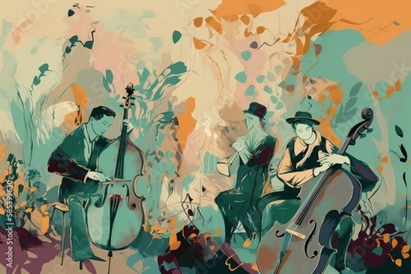 Obraz Jazz quartet. Musicians performing music on abstract floral background. , Generative AI