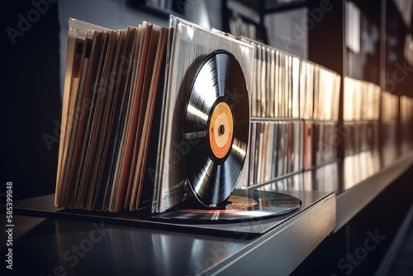 Fototapeta Vinyl record in front of a collection of albums, vintage music concep