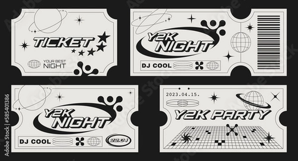 Fototapeta Retro party tickets template with futuristic elements. Y2k aesthetic design.