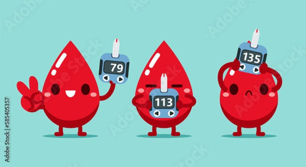 Fototapeta Cute cartoon red droplet checks blood control low-high sugar diabetes glycemic with a glucometer on blue background. Vector illustration Kawaii character flat design.