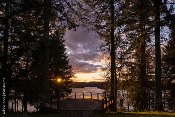 Fototapeta Sunset Golden Hour from the observation platform of the lake of Saint Pardoux, Limousin, Haute Vienne, France