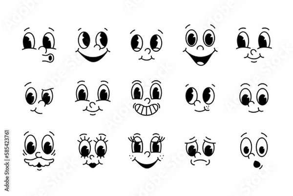 Obraz Vector face set for creator of cartoon retro mascot, logo and branding. Eye and mouth elements. Vintage style 30s, 40s, 50s old animation. The clipart is isolated on a white background.