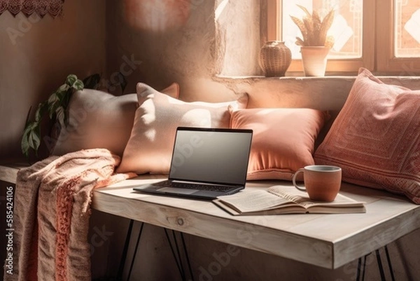 Fototapeta Laptop with cushions and linens. Boho house decor with warm wall shadows. Space mockup. Blogger, freelancer business idea. Generative AI
