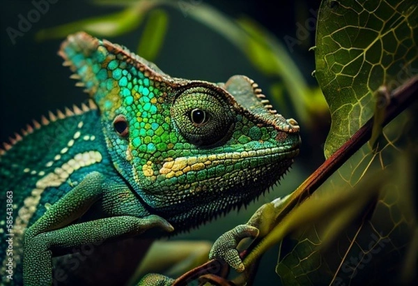 Fototapeta Green colored chameleon close up. Generative AI
