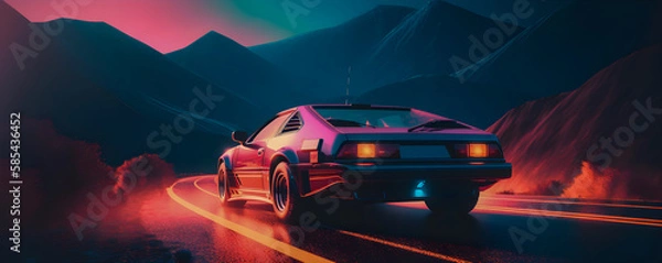 Obraz Sleek retrowave car with neon lights illuminating on the city streets, Generative AI