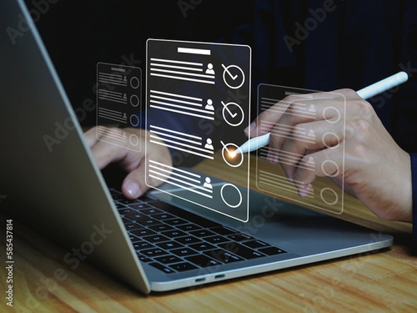 Fototapeta The concept of doing an online test or questionnaire icon. Team Satisfaction Survey, Service, Technology Usage