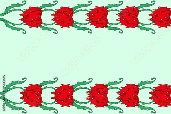 Fototapeta Big horizontal banner with spring tulips. Beautiful summer flowers background with flowing texture. Creative botany poster with copy space.