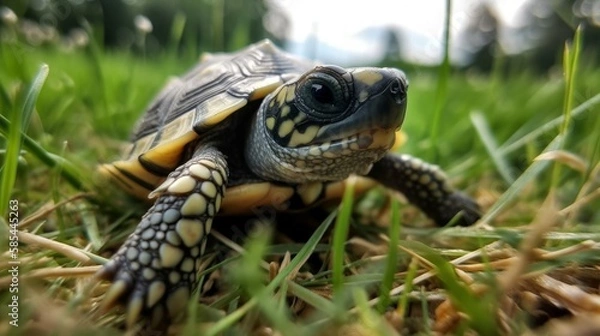 Fototapeta Baby turtle closeup in the grass - created by generative AI