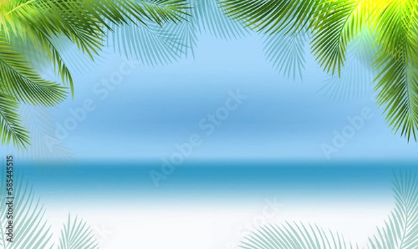Fototapeta Palm Tree Branch Border And Blue Ocean
