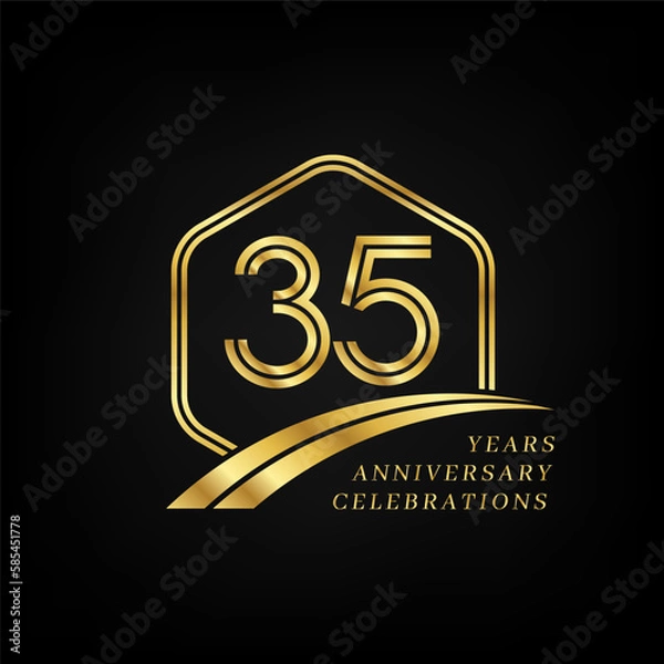 Fototapeta 35 years anniversary. Lined gold hexagon and curving anniversary template.