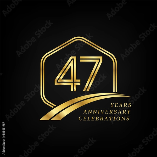 Fototapeta 47 years anniversary. Lined gold hexagon and curving anniversary template.