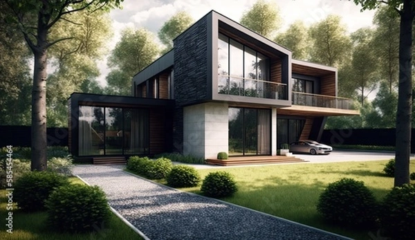 Fototapeta Modern house with amazing and perfect garden which can be the envy of all neighbors, Generative AI Technology 