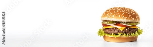 Fototapeta Delicious burger with beef cutlet, melted cheese on a white background. AI generated. Header banner mockup with space.
