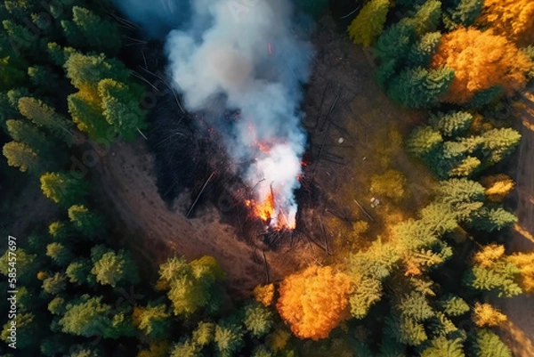 Obraz Fire in the forest in summer with smoke, natural disaster, cataclysm. AI generated.