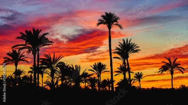 Obraz Beautiful sunset in the Palmeral of Elche, declared a World Heritage Site. Located in the Valencian Community, Alicante province, Elche, Spain