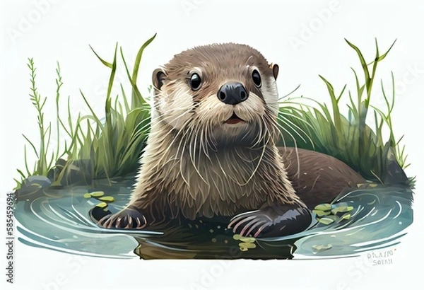 Obraz Illustration of a cute cartoon otter. Cute animals. Transparent, png. Generative AI