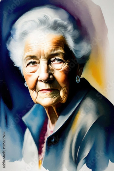 Obraz Colorful painted portrait of an old lady with flowers. Generative AI