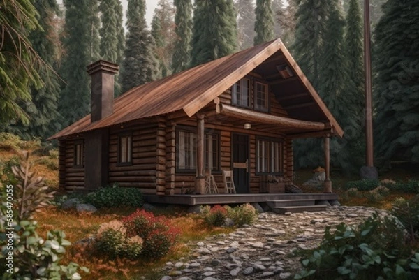 Obraz 3d rendering of wooden cabin in forest