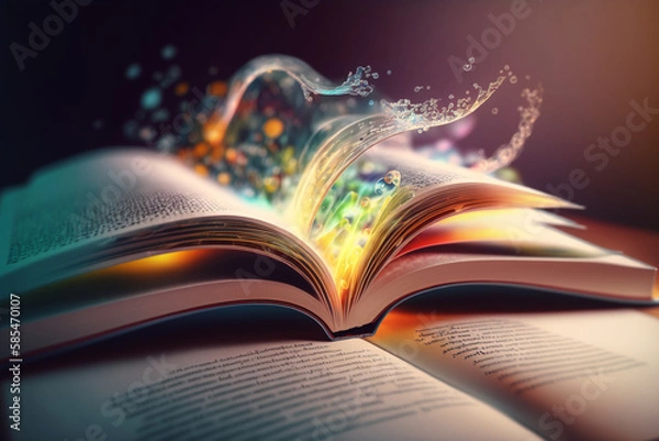 Fototapeta open magic glowing light book with digital, internet and communication technology, by generative AI.