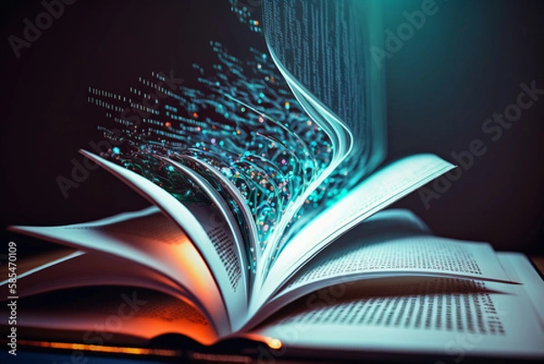 Fototapeta open magic book with digital smart services icons, internet and communication technology, by generative AI. 