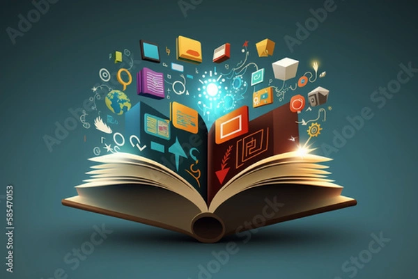 Fototapeta open magic book with smart services icons, internet and communication technology, by generative AI. 