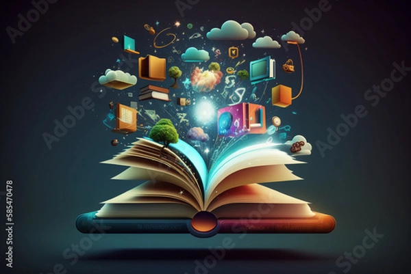 Fototapeta open magic book with smart services icons, internet and communication technology, by generative AI. 