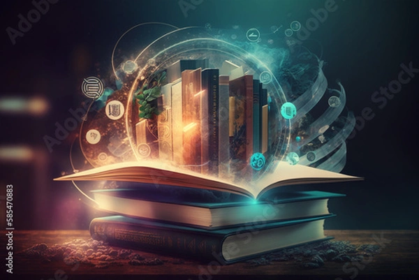 Fototapeta magic of fractal realms, open magic book with smart services icons, internet and communication technology, by generative AI. 
