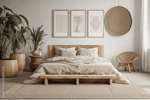Fototapeta Mock up frame in beige bedroom with natural wooden furnishings. Generative AI