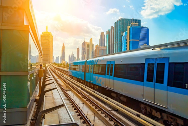 Obraz Dubai metro train on rails at background of skyscrapers. Famous outdoor subway Red Line.