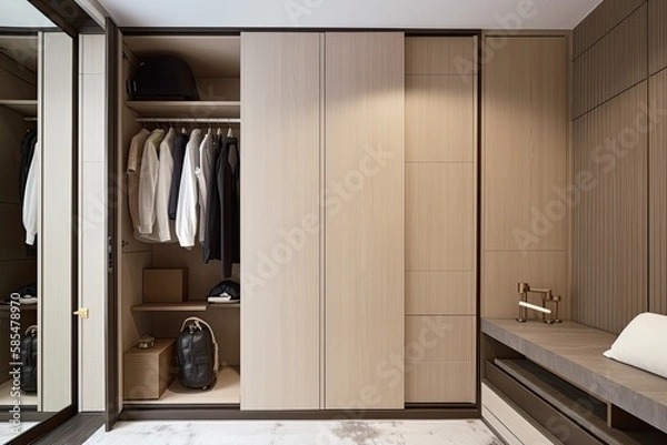 Fototapeta Minimalist modern wardrobe in the area of the entrance door, interior design idea - Generative AI