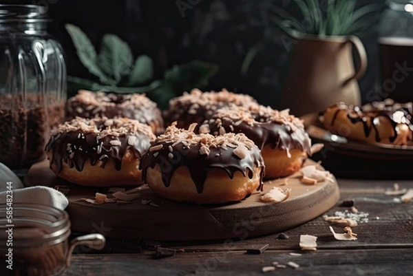 Obraz Fresh Donuts with chocolate glaze and coconut shreds on the table Generative AI