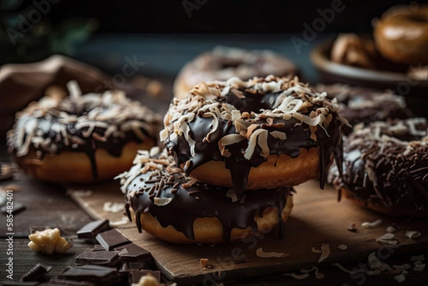 Fototapeta Fresh Donuts with chocolate glaze and coconut shreds on the table Generative AI