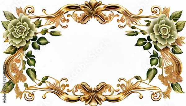 Fototapeta Golden frame template with flowers in the corners Ai generated image