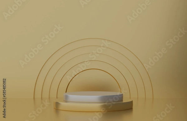 Fototapeta 3d render of minimalist podium showcase stage in interior room yellow or gold studio and lighting for product display abstract background.