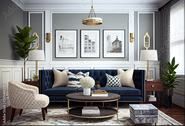 Fototapeta Interior design of a transitional living room that combines traditional and modern design elements using classic furniture pieces, modern decor, and a mix of textures and patterns | Generative AI
