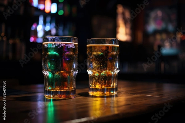Fototapeta beautiful cold beer in glasses on the bar in the nightclub on wooden table generative ai