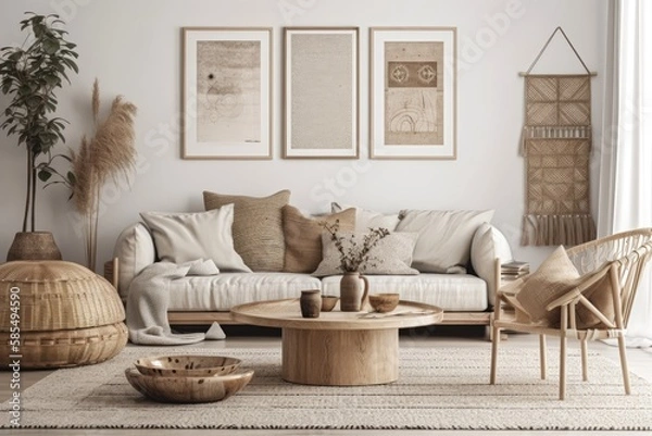 Fototapeta Scandi Boho living room wall mockup,. Generative AI